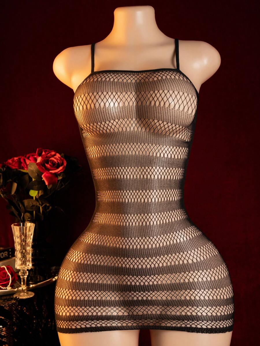 Women's Sexy Lingerie, Black Sexy Striped Mesh Patchwork Bodycon Slip Dress - Black - View 1