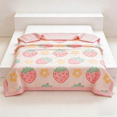 1 pieza Edredón de verano suave y cómodo con estilo de fresa rosa, apto para cama individual o doble, con respaldo de algodón lavado con lunares, delgado, para usar en el dormitorio, sala de estar y oficina del hogar