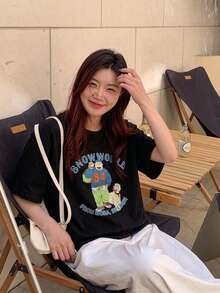 女士休闲卡通字母印花短袖圆领T恤，夏季 - 黑色 - 查看 5