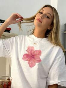 Women's Short-Sleeved T-Shirt With Round Neck And Retro Floral Print, 100% Cotton, Soft Pink, Hawaiian Cut, Lightweight And Breathable, Ideal For Beach, Office And Everyday Wear. - 白色 - 查看 2