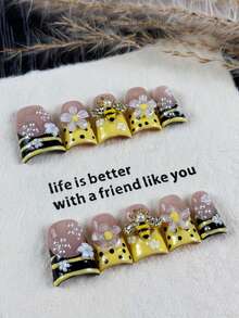 10pcs Set High-End Cute Cartoon Style, Hand-Painted Zebra Pattern, 3D Embossed Design, Bee, Shiny Small Pearl Handmade False Nails, Suitable For Amusement Parks, Aquariums And Spring Outings To Appreciate Flowers - Multicolor - View 4