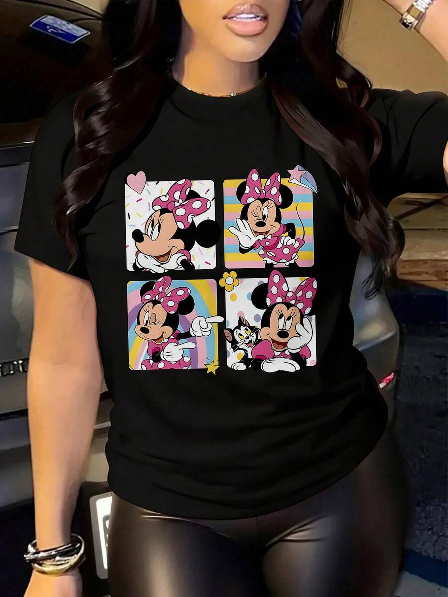 Women's Disney Minnie Mouse Cartoon Graphic Tee Casual Cotton Short Sleeve Round Neck T-Shirt - màu đen - Xem 1