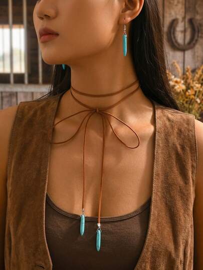 3pcs/Set Vintage Turquoise Necklace, Earrings Cowgirl Country Style Jewelry Set, Fashionable Accessories Suitable For Daily Wear And Gatherings