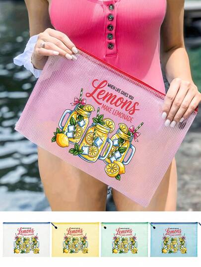 1个时尚防水PVC化妆包，印有彩色字母“When Life give you Lemons, Make Lemonade”（当生活给你柠檬时，就把它做成柠檬水），励志语录 - A4尺寸，透明化妆包，带尼龙拉链，非常适合游泳、潜水和暑假 - 轻便耐用，可用于鼓励学生和数学爱好者，返校礼物，办公必备品，女性和女孩礼物，母亲节礼物，情人节礼物。