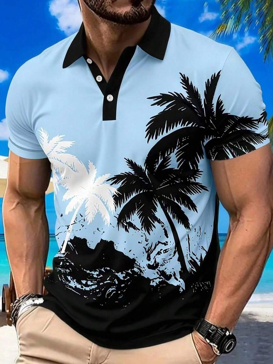 男士夏季棕榈树数码印花短袖Polo衫 - 彩色 - 查看 1