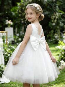 Vestido de fiesta de princesa con escote en V profundo y manga abullonada de tul con moño, adecuado para fiestas de cumpleaños, bailes, concursos de belleza, niñas de las flores, damas de honor, bodas y ocasiones especiales para niñas pequeñas - Blanco - Ver 1