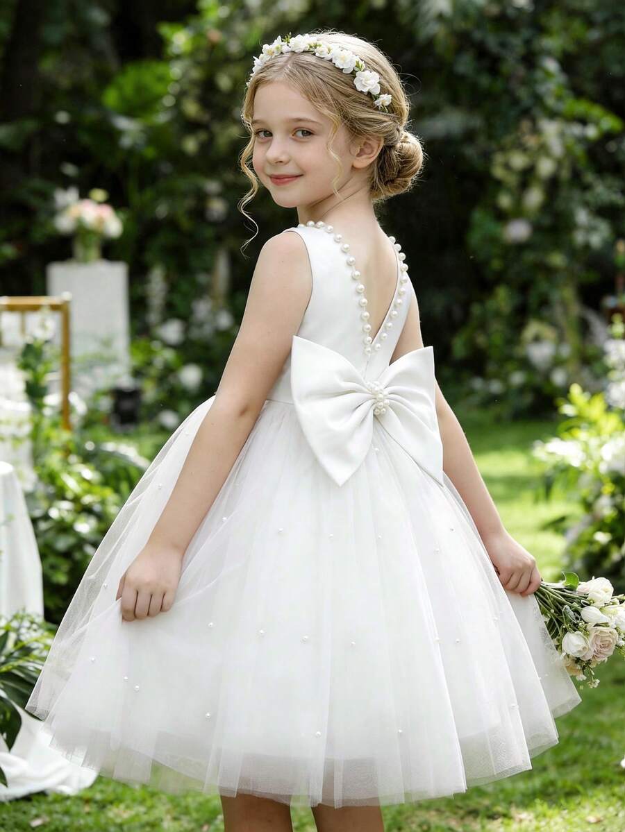 Vestido de fiesta de princesa con escote en V profundo y manga abullonada de tul con moño, adecuado para fiestas de cumpleaños, bailes, concursos de belleza, niñas de las flores, damas de honor, bodas y ocasiones especiales para niñas pequeñas - Blanco - Ver 1