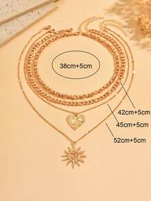 4件套时尚多层金链项链，配心形和太阳吊坠，优雅女士颈饰，适合日常佩戴、度假、派对和约会 - 金色 - 查看 4