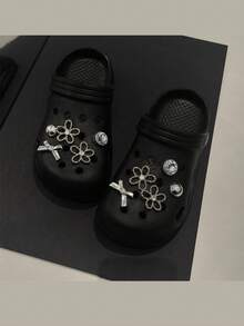 10 buc/set pandantive pentru pantofi cu motive florale închise la culoare, cleme detașabile pentru pantofi, stil balet, cu fundă argintie și stras - Multicolor - Vizualizare 2