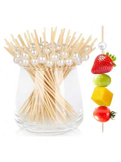 100pcs Elegant Pearl & Bamboo Leaf Decor Disposable Bamboo Cocktail Picks, Suitable For Anniversary, School Events, Weddings, BBQs, Can Be Used For DIY Decoration And Cocktail Identification Of Disposable Fruit, Salad, Dessert And Meat Platters