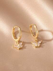 1 Pair Elegant Copper Zirconia Water Drop Four-Leaf Clover & Butterfly Pendant Earrings, Versatile Daily Wear For Women - Gold - View 3