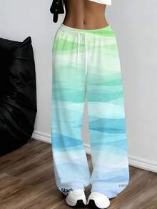 Women Casual Loose Fit Wide Leg Pants Gradient Green Blue Ombre Print Comfortable Sweatpants For Leisure And Sports Activities - 彩色 - 查看 1