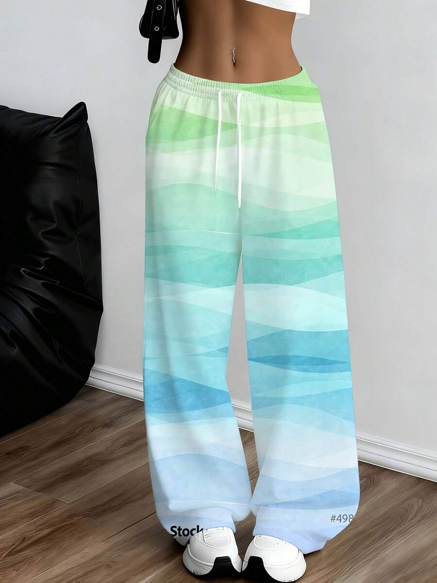 Women Casual Loose Fit Wide Leg Pants Gradient Green Blue Ombre Print Comfortable Sweatpants For Leisure And Sports Activities - 彩色 - 查看 1