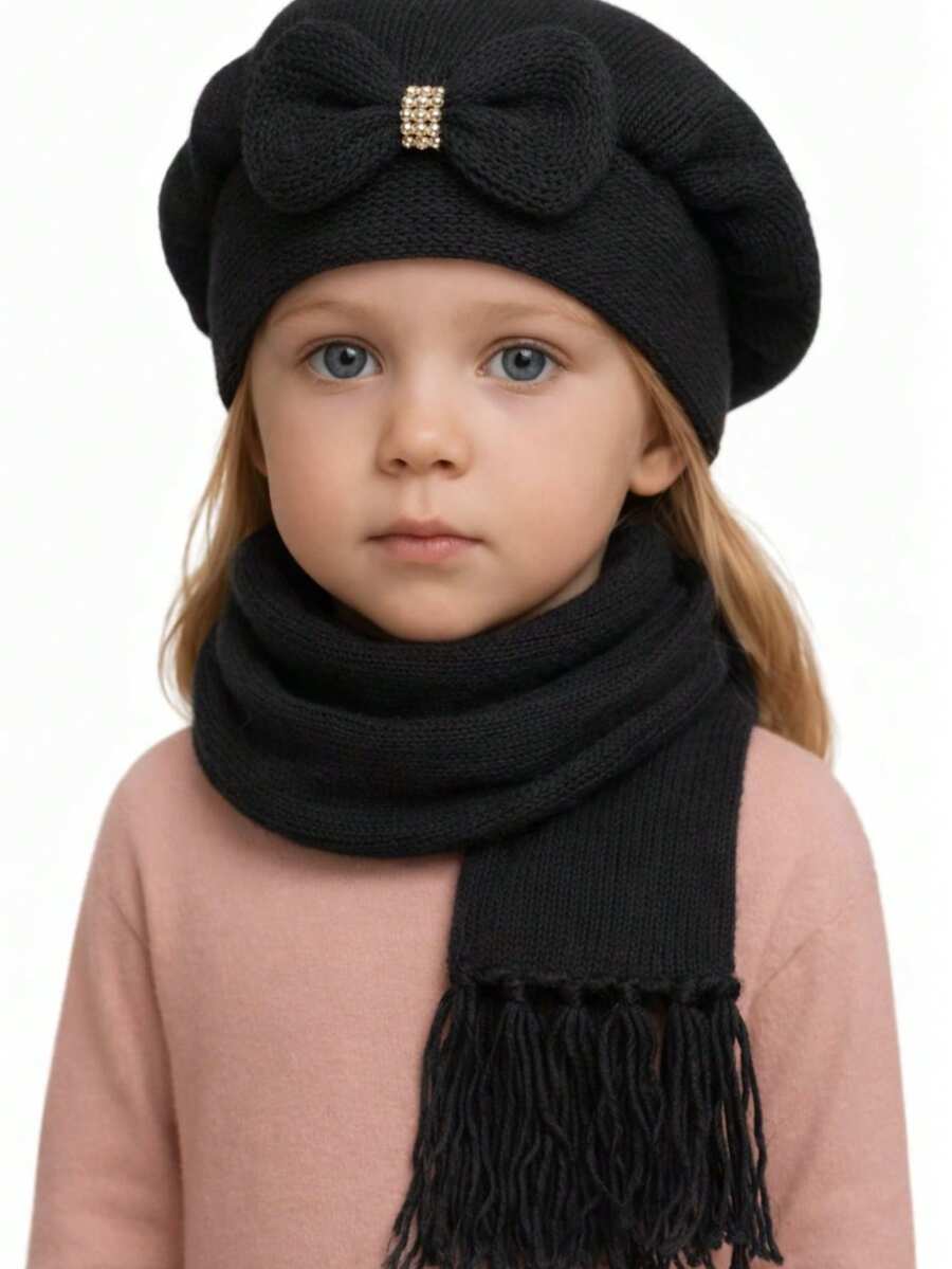 Children's Wool Beret And Scarf Set With Bow, Various Colors. - 黑色 - 查看 1