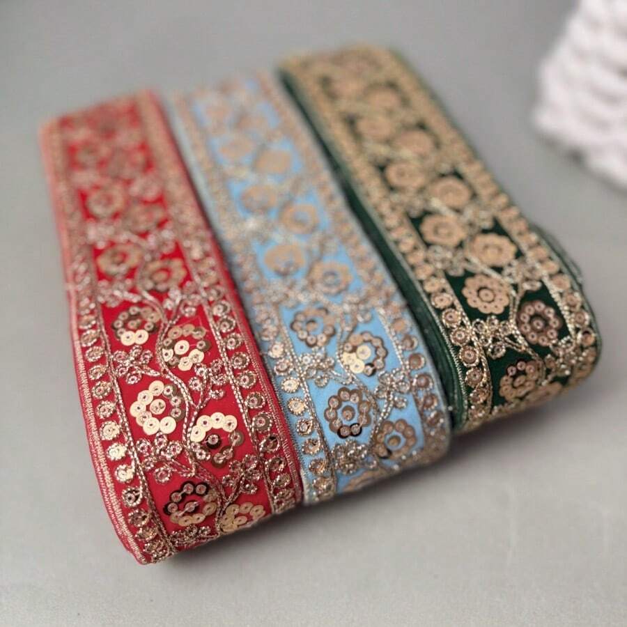 2026 New Arrival Exquisite Velvet Fabric Sequin Lace Decorative Trim - Multicolor Embroidered Tulle Border Decor, Suitable For Dupatta - Embroidered Lace Fabric - Red - View 1
