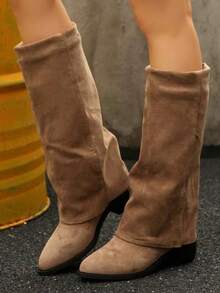 Suede Knee-High Boots For Autumn/Winter, French Style With Chunky Heel And Pointed Toe. Ref 9002 - Beige - View 5