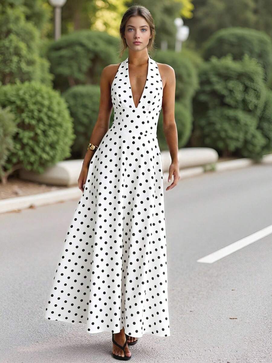 Women Long Dress Halter Neck Sleeveless Open Back Fashion Dot Print Summer Flowy Dresses - 白色 - 查看 1
