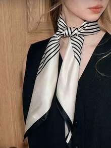 1 pièce Foulard carré de 90 cm à motif rayé décontracté, convenant pour le printemps et l'automne. Peut être utilisé comme foulard de tête, ceinture, accessoire de sac, ceinture décorative, coiffe et autres foulards mode polyvalents pour femmes - Noir et Blanc - Voir 4