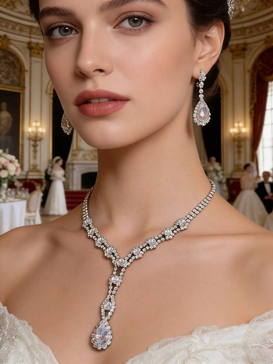 Bộ trang sức 2 món đính đá pha lê hồng hình giọt nước viền kim cương - Thiết kế thanh lịch, đa năng cho đám cưới/tiệc tùng, vòng cổ và bông tai. - Bạc - Xem 1