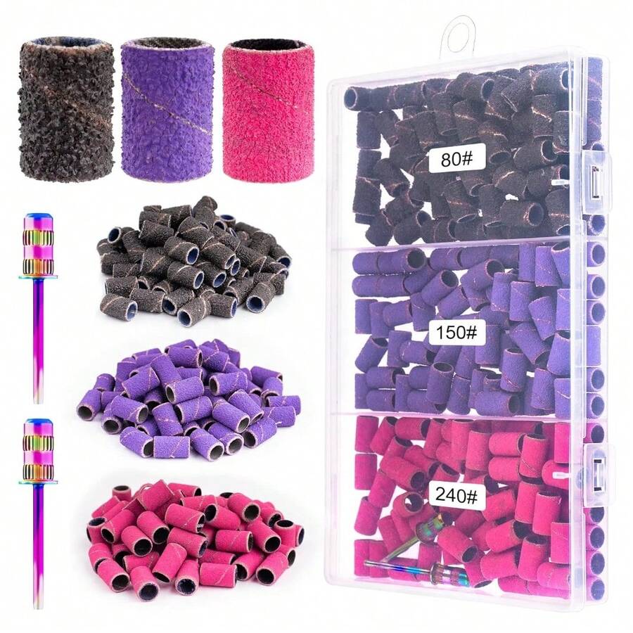 Ensemble de bandes de ponçage pour lime à ongles, 80, 150, 240 grains, 150 pièces, bandes de ponçage pour ongles colorées et fines, 2 forets pour lime à ongles, foret de 3/32 pouces - Multicolore - Voir 1
