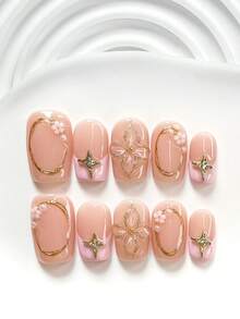 10件套森林仙子风格手工美甲套装，凝胶美甲套装，手工浅粉色五瓣花美甲配件，金色海星，粉色、黄色、蓝色、白色指甲油，附赠美甲工具（1张果冻贴纸+1把指甲锉），3种尺寸可选：方形指甲、短方形指甲、杏仁形指甲 - 彩色 - 查看 4