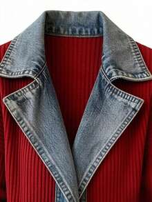Women's Denim Lapel Patchwork Knit Cardigan Long Sleeve Open Front Sweater Coat Casual Streetwear Outfit - Đỏ - Xem 5