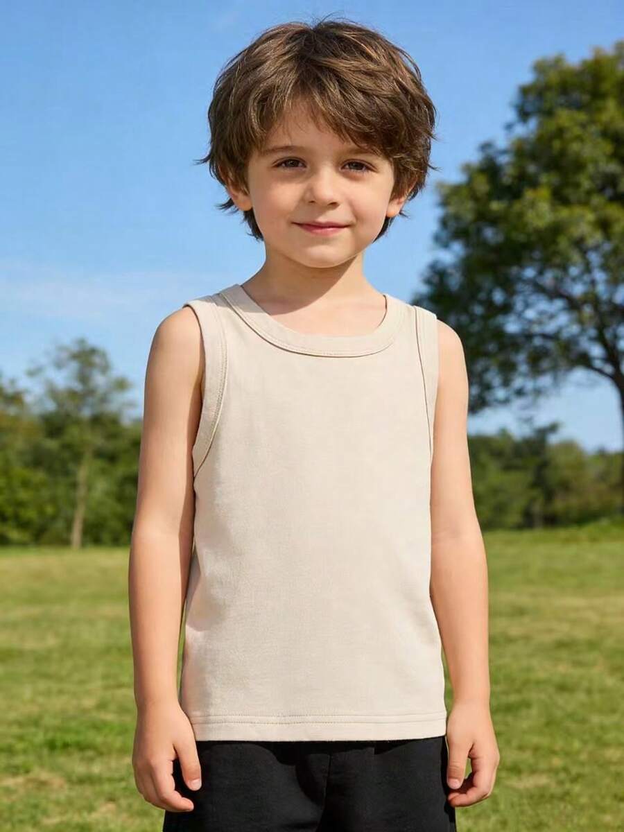1pc Kids' Pure Cotton Solid Color Vest, Boys' Comfortable Undershirt, Suitable For Everyday Wear And Outings, All Seasons - Khaki - View 1