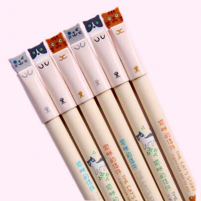 Bộ 6 bút bi hình mèo dễ thương 0.38mm, thiết kế hoạt hình, viết trơn tru, văn phòng phẩm đáng yêu, thẩm mỹ cao, lý tưởng cho văn phòng, học tập, nhật ký, sinh nhật, Lễ Tạ ơn, Giáng sinh và các dịp khác.