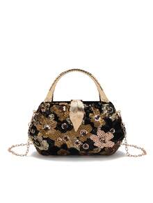 Túi xách dạ hội sang trọng kiểu Pháp mới, đính sequin vàng, phong cách retro tinh tế dành cho nữ, thích hợp cho các buổi tiệc và liên hoan. - màu đen - Xem 4