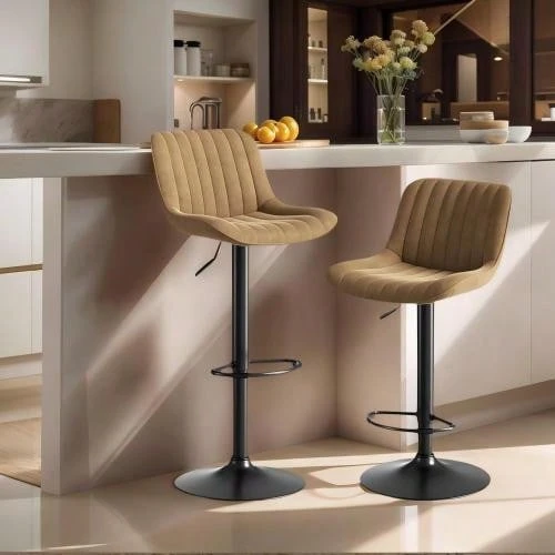 Swivel Dining Room Bar Stool, Velvet, Height Adjustable - 棕色 - 查看 1