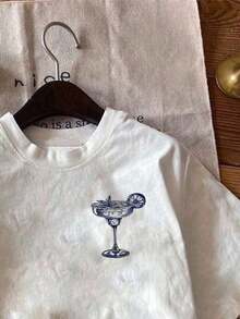 Women's Fitted T-Shirt With Casual Round Neck, Retro Cocktail Print In English, Suitable For Summer, Airport And Everyday Wear - 白色-01 - 查看 4