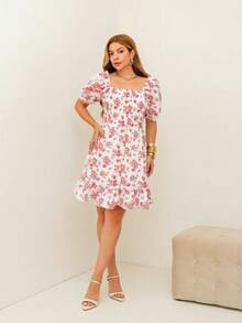 RAINBOW Women's Short Princess Floral Dress With Puff Sleeves And Elasticated Fabric - Elegant Fashion - One Size Fits 36-42 (Brazilian Sizes) - Crepe Fabric - 128-ROSA BB - 查看 4