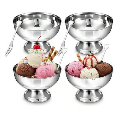 1 pieza Tazas de postre de acero inoxidable, Tazones de postre de metal con tenedores, Tazones de servir ensalada reutilizables, Tazas para salsa de degustación, Tazones decorativos para helado para el hogar y fiestas