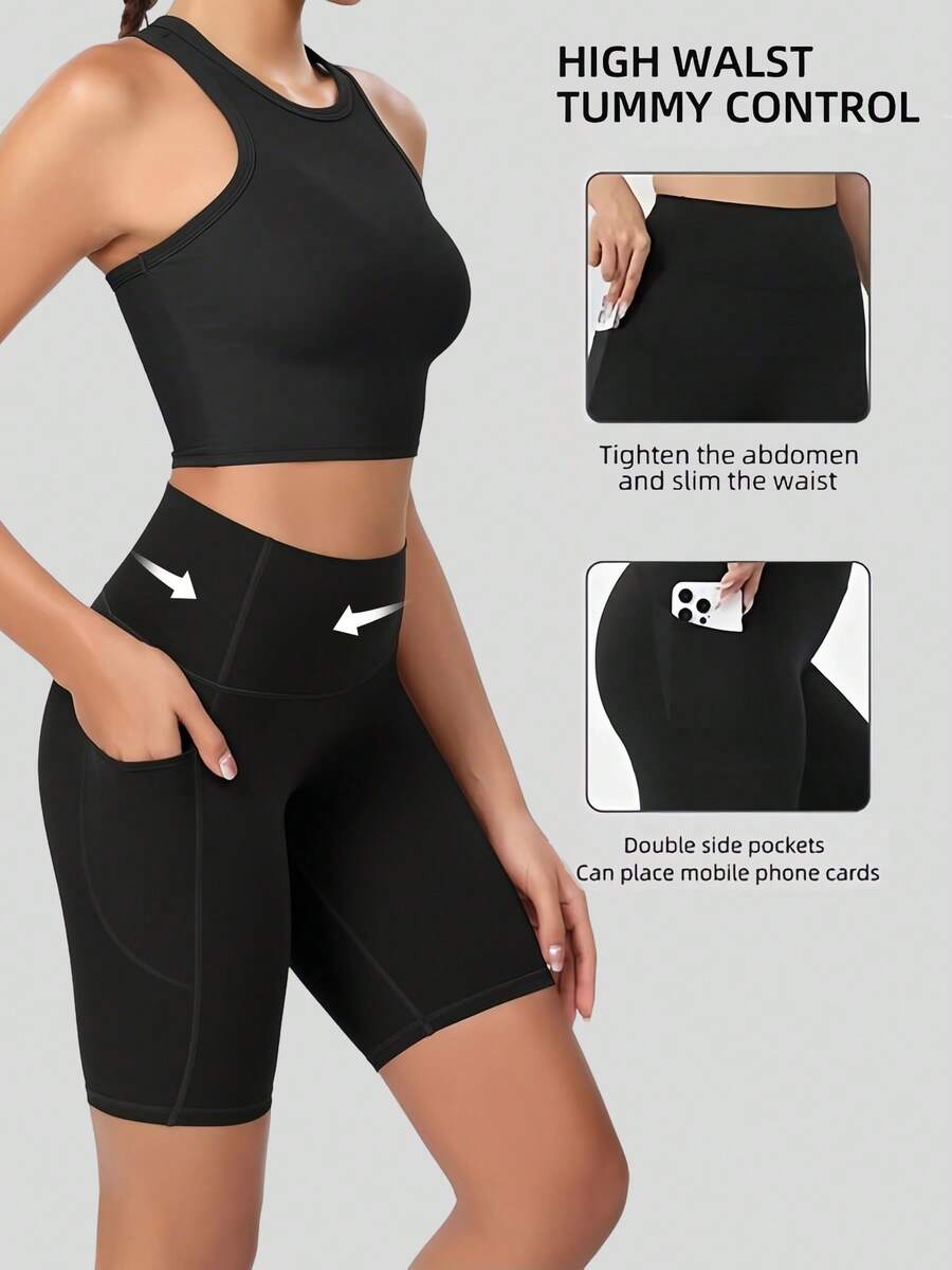 Essential High-Waisted Yoga Shorts - Versatile 1/2/3-Piece With Side Pockets | Stretchy Slim-Fit For Casual Wear, Travel & Light Exercise - 1件(黑色) - 查看 1