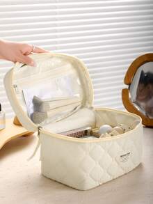 1 pieza Bolsa de cosméticos acolchada con relieve en beige, de textura suave, lavable y fácil de limpiar, bolsa de maquillaje vintage de gran capacidad y organizador de viaje, bolsa de almacenamiento multifuncional para lápiz labial, toallas sanitarias, monedas, llaves, etc., bolsa de maquillaje de espuma minimalista y cómoda, con diseño de cremallera, ligera y esponjosa, adecuada para el nuevo período escolar, el Día de la Madre, el cumpleaños, la primavera/verano, el aniversario, las vacaciones, el regreso a la escuela, estuche de cosméticos - Beis - Ver 3
