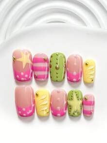 10pcs Spring Sweet & Cool Handpainted Nail Art Set, Including Gel Nail Kit, Yellow Star, Light Pink Polka Dot, Handpainted Water Wave Solid Color Nail Decor, Yellow & Green Nail Polish, Suitable For Party, Daily, Party, Photography, Date, Spring/Summer Commute Press On Nails - Nhiều màu - Xem 18