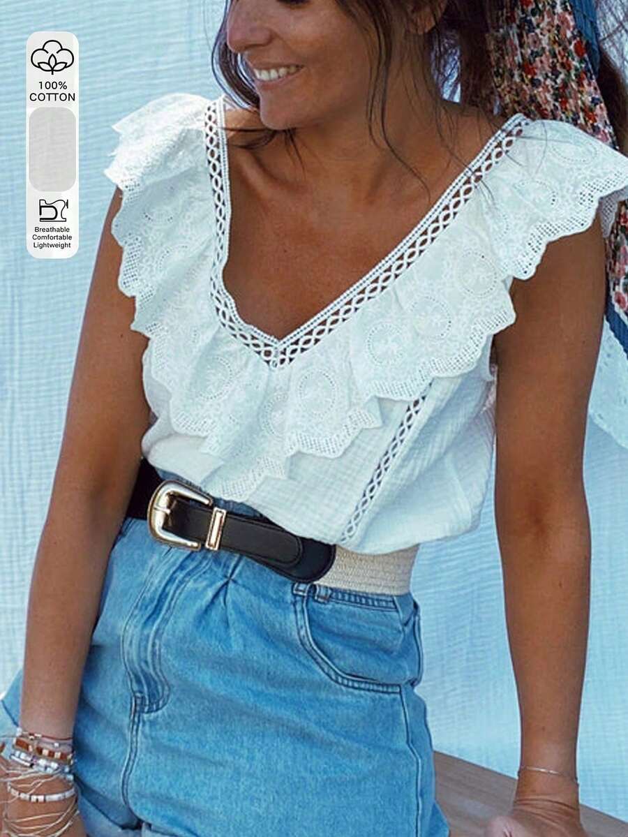 Top sin mangas con cuello en V, bordado y volantes, de unicolor, estilo casual de vacaciones SUNSTORY - Blanco - Ver 1