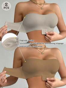2pcs/Set Front Clasp Solid Color Strapless Bra With Upgraded Non-Slip Silicone Strips, Comfortable Wireless Bra With Cups, Non-Traditional Lift And Gather Bra Women, Black + Beige - 多色 8 - 查看 13