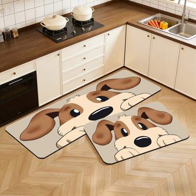 1 pieza Alfombra de cocina acolchada antifatiga de estilo de moda de lujo con estampado de cachorro de dibujos animados, material de superficie de tela, material absorbente de esponja en el medio, material de goma en la parte inferior, fácil de limpiar, aproximadamente 3,5 mm de grosor, se puede recortar al tamaño deseado, alfombra de goma de silicona minimalista y suave, cómoda, adecuada para cocina, baño, entrada, lavandería, dormitorio, sala de estar y talla grande.