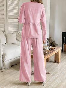 Vellofy Women's Summer Yellow Cotton Linen Casual 2-Piece Set, V-Neck Single Button Ruffle Top Paired With Wide Leg Pants, Beach Vacation Style - Baby Pink - View 2