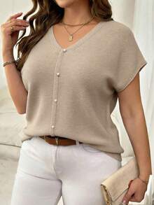 Plus Size Women V-Neck Puff Sleeve Solid Color Casual Knit Pullover Sweater, Spring/Summer - Khaki - View 3