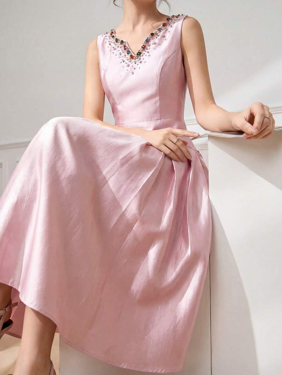 Elegant Luxury Handmade Beaded Sleeveless Women's Dress Spring - Baby Pink - View 1