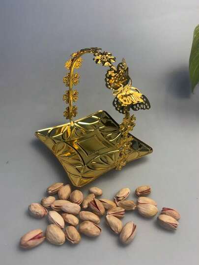 1pc Gold Butterfly Handle Square Fruit Plate, Multifunctional Luxury Storage Tray, Suitable For Holding Snacks, Dried Fruits At Home, Hotel, KTV, Living Room And Other Occasions