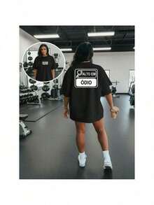 Oversized T-Shirt 100% Cotton Gym Fitness Workout Weight Training Women's HIGH IN HATE - 黑色 - 查看 1