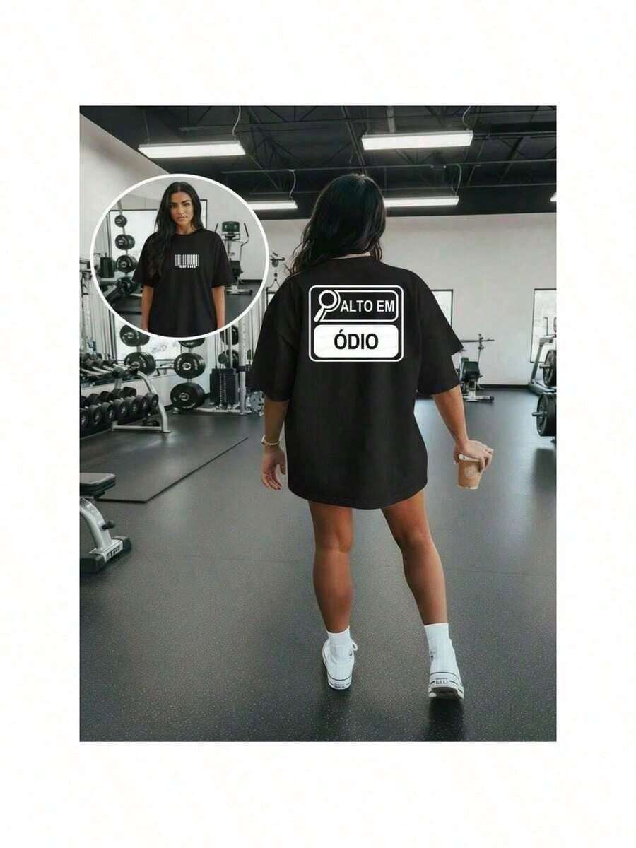 Oversized T-Shirt 100% Cotton Gym Fitness Workout Weight Training Women's HIGH IN HATE - 黑色 - 查看 1