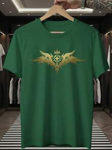 Stylish Men's/Women's/Unisex Printed T-Shirt With Cross, Angel, And Wings In Gold, Premium Knit, Short Sleeve, Round Neck, 100% Cotton - 綠色 - 查看 2