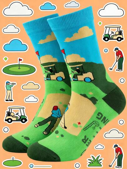 Fun Golf Pattern Mid-Calf Socks, Novelty Spring & Summer Casual Socks, Perfect Gift For Friends, Family & Golf Enthusiasts