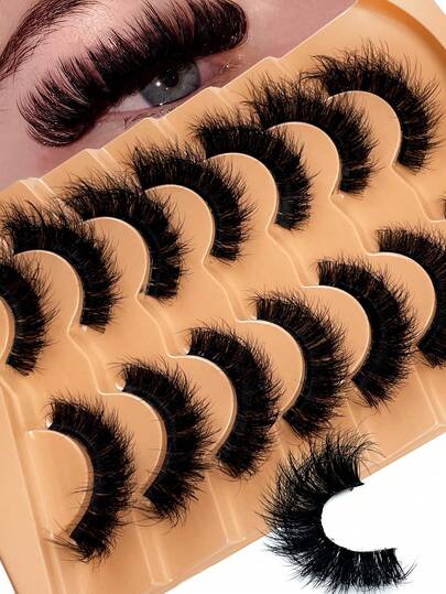 7对/包 自然蓬松仿貂毛假睫毛，迷人凌乱毛绒假睫毛，8D纤长浓密持久假睫毛条，狐狸眼提拉妆效，整条假睫毛，睫毛嫁接