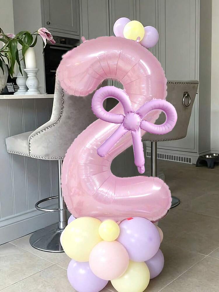 2pcs 40-Inch Large Pink Number Foil Balloon & 22-Inch Candy Pink Hollow Bow Shaped Balloon, Suitable For Birthday Party, Anniversary, Bow Theme Decoration - Pink - View 3