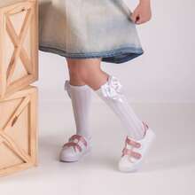 Set Of 3 Pairs Of Children's 3/4 Length Socks For Parties (Sizes 16-33) With Satin Bow, Long Length, Suitable For Girls, Baptisms, Weddings, Flower Girls, Social Events, Dances, And Elegant Schoolgirl Occasions. - 白色,粉紅色和灰色 - 查看 6